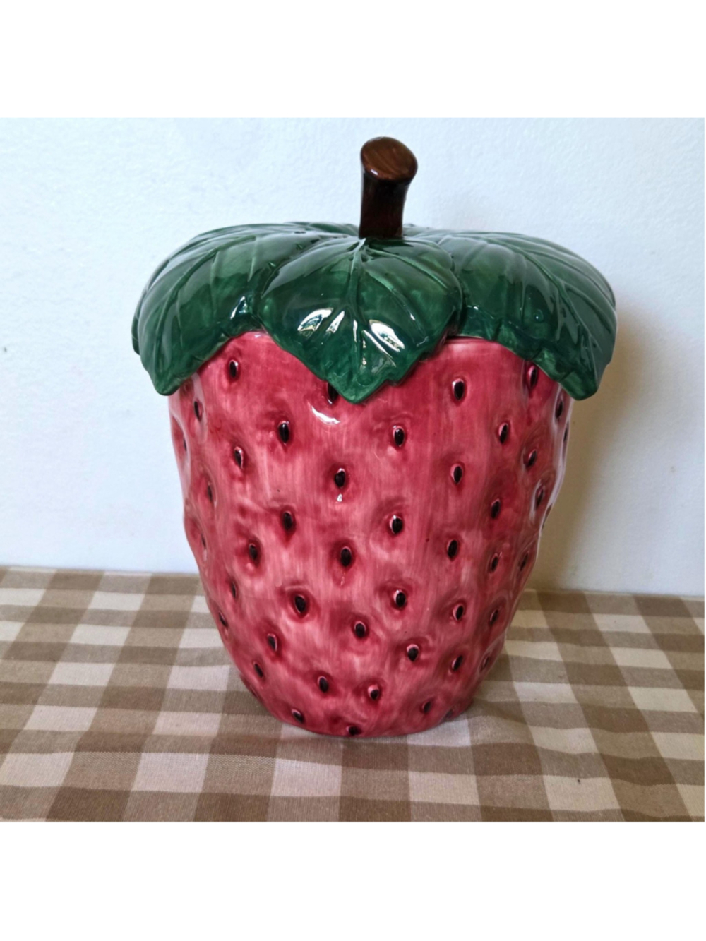 Vintage Strawberry Cookie Jar with Lid | Ceramic Strawberry Canister 70s Groovy